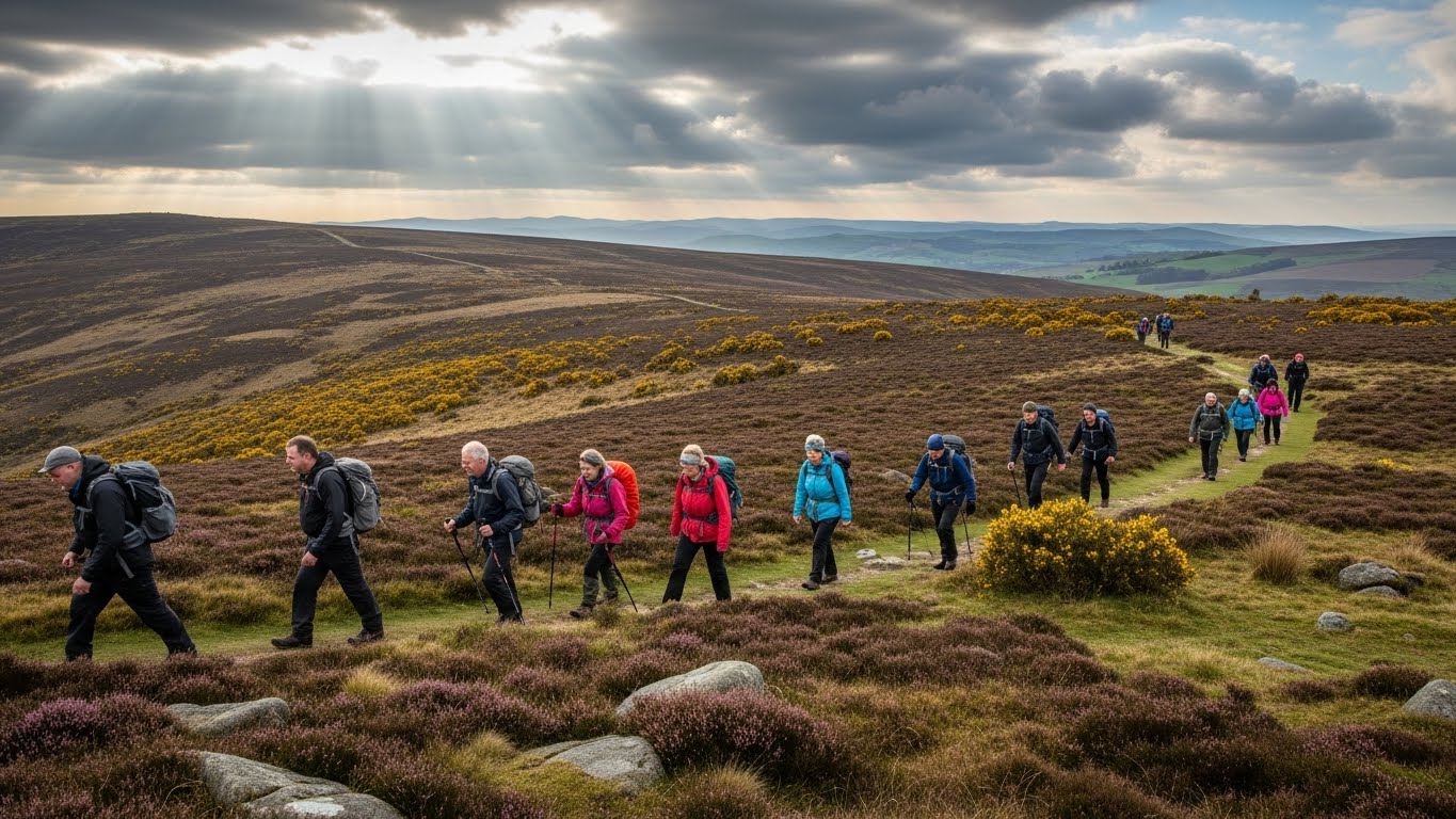 Hikers walking on a moor in the UK
