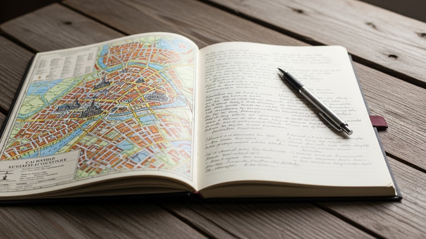 Notebook with notes and a map