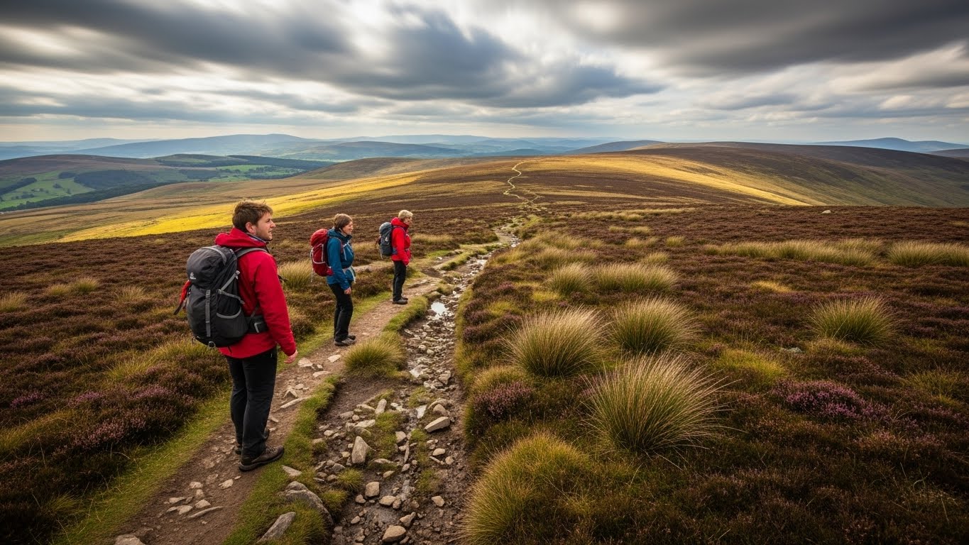 Hikers on a moorland trail