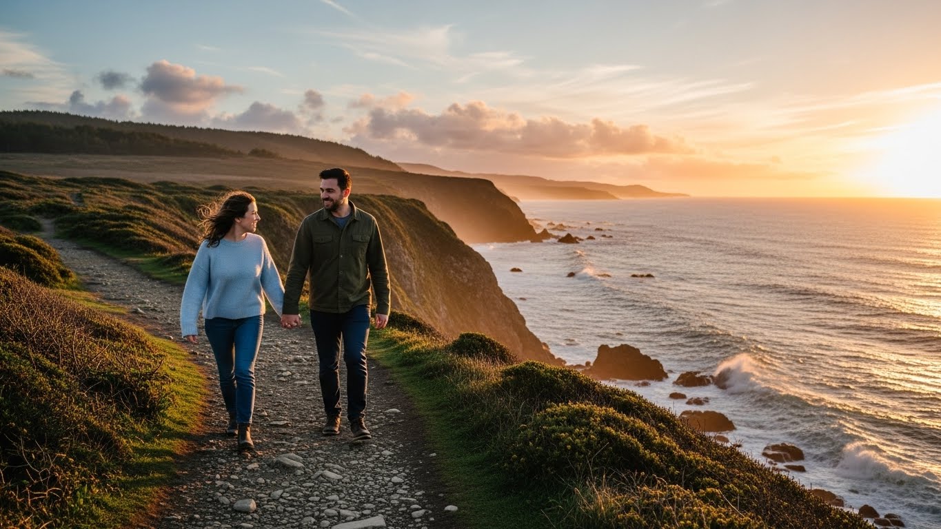 Couple walking on coastal path